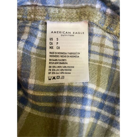 American Eagle Outfitters Blue/Green/White Plaid Long Sleeve Button Down Linen B - Picture 9 of 12